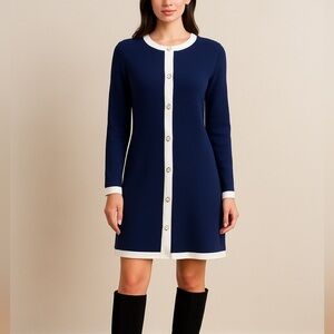 Kasper Navy & Cream Button-Front Sweater Dress – Size L